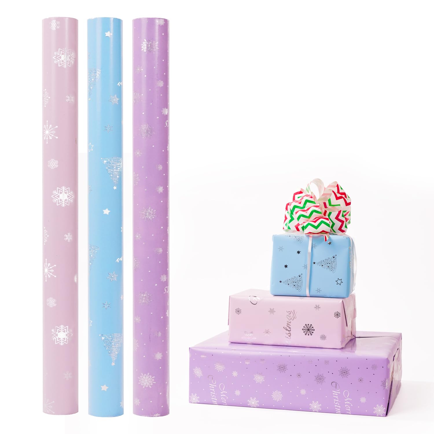 Christmas Wrapping Paper Roll,3 Rolls 43cm x 3m Xmas Gift Wrapping Paper,Metallic Gift Wrap Paper with Snowflake Xmas Tree Pattens for Christmas,Party,Festive Decorations (Pink Blue Purple) — image 1
