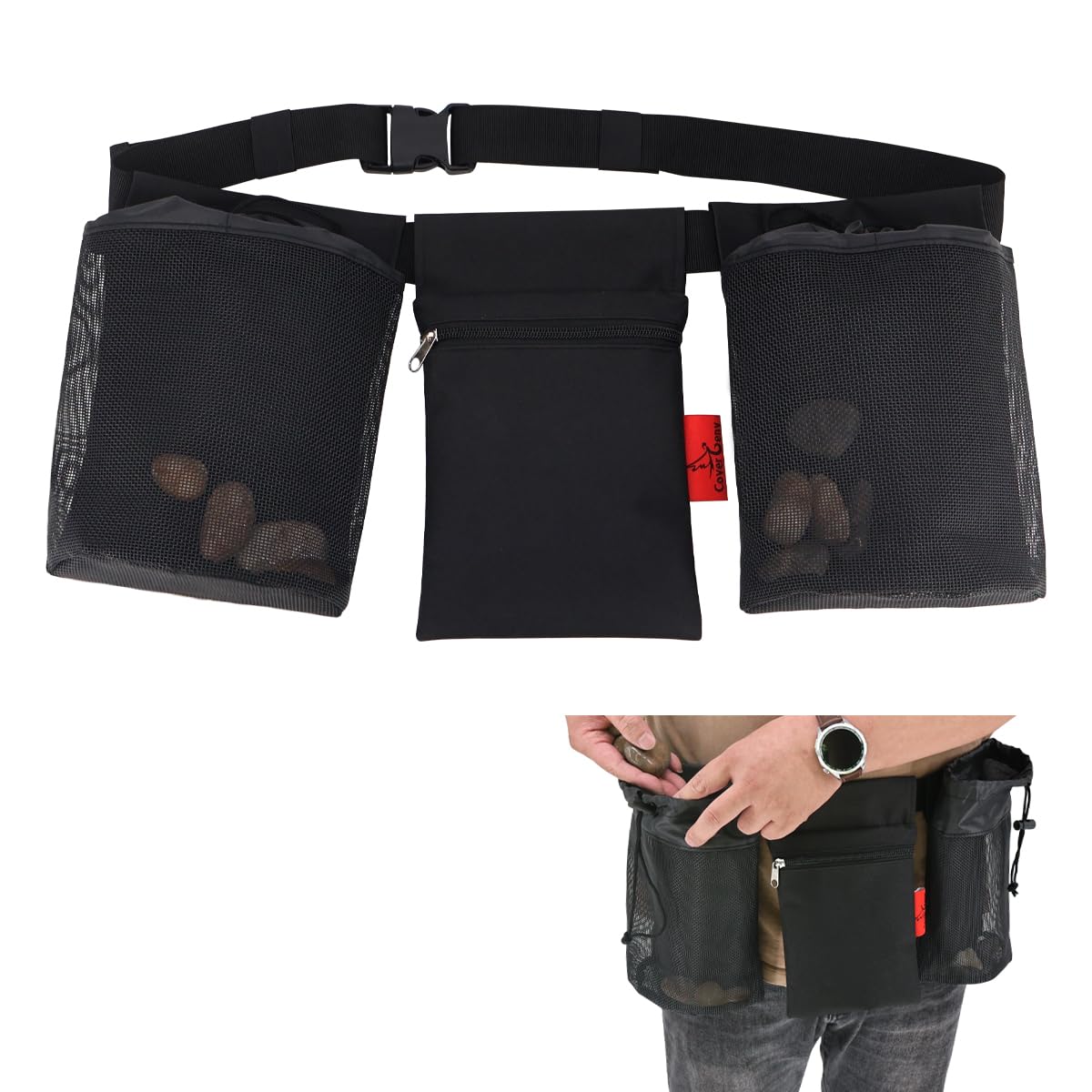 Rock Foraging Belt,Rockhounding Bag with Adjustable Waistband,Cover Geny 2 Mesh Picking Pouch for Collecting,1 Tool Bag,Outdoor Hunting Bags
