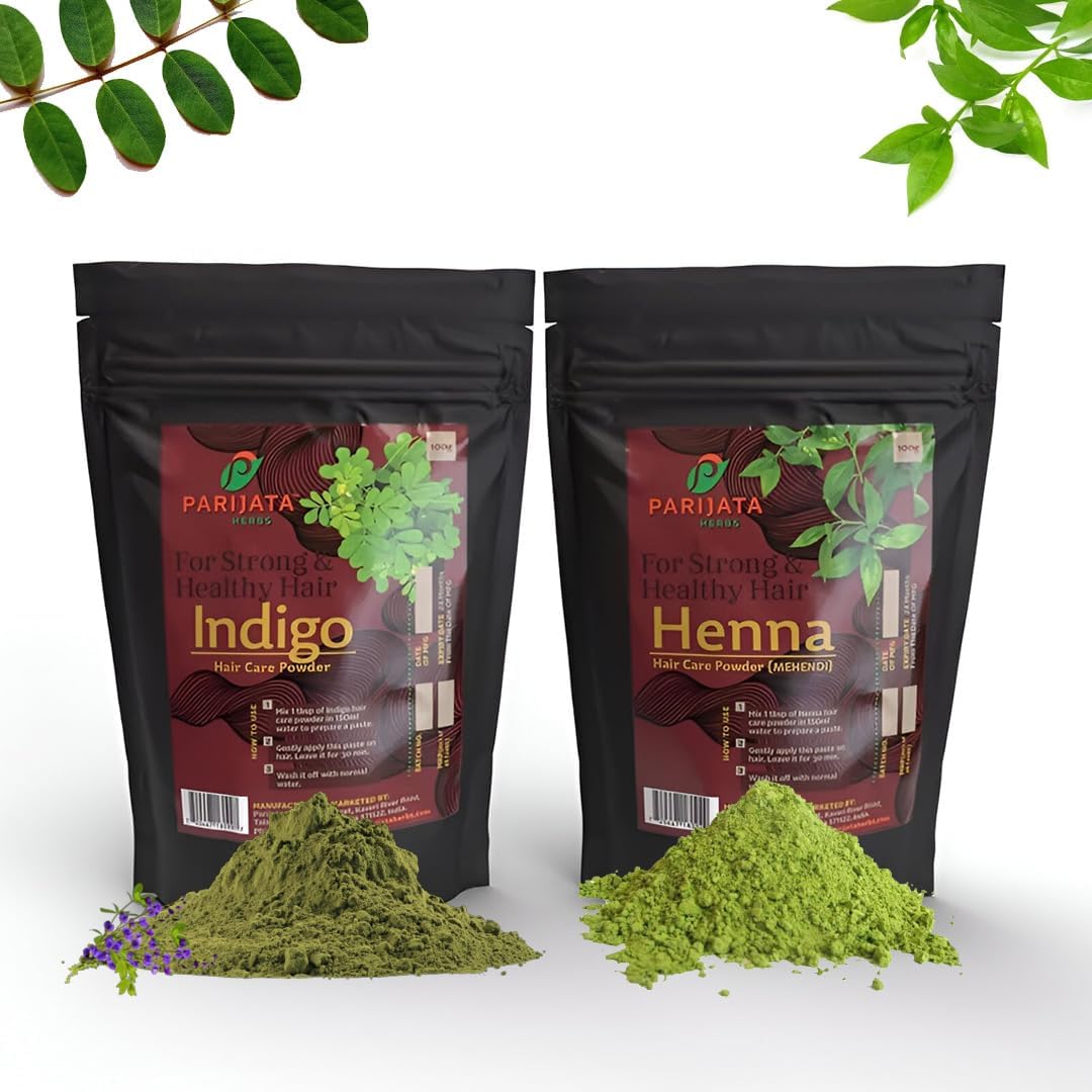 Parijata Herbs Henna and Indigo Powder Combo for Hair โ 200g|Natural Hair Coloring for Softness & Shine|Indigo Henna Powder for Hair Strength, Volume & Rich Color | Safe Plant-Based Care(100g x 2)