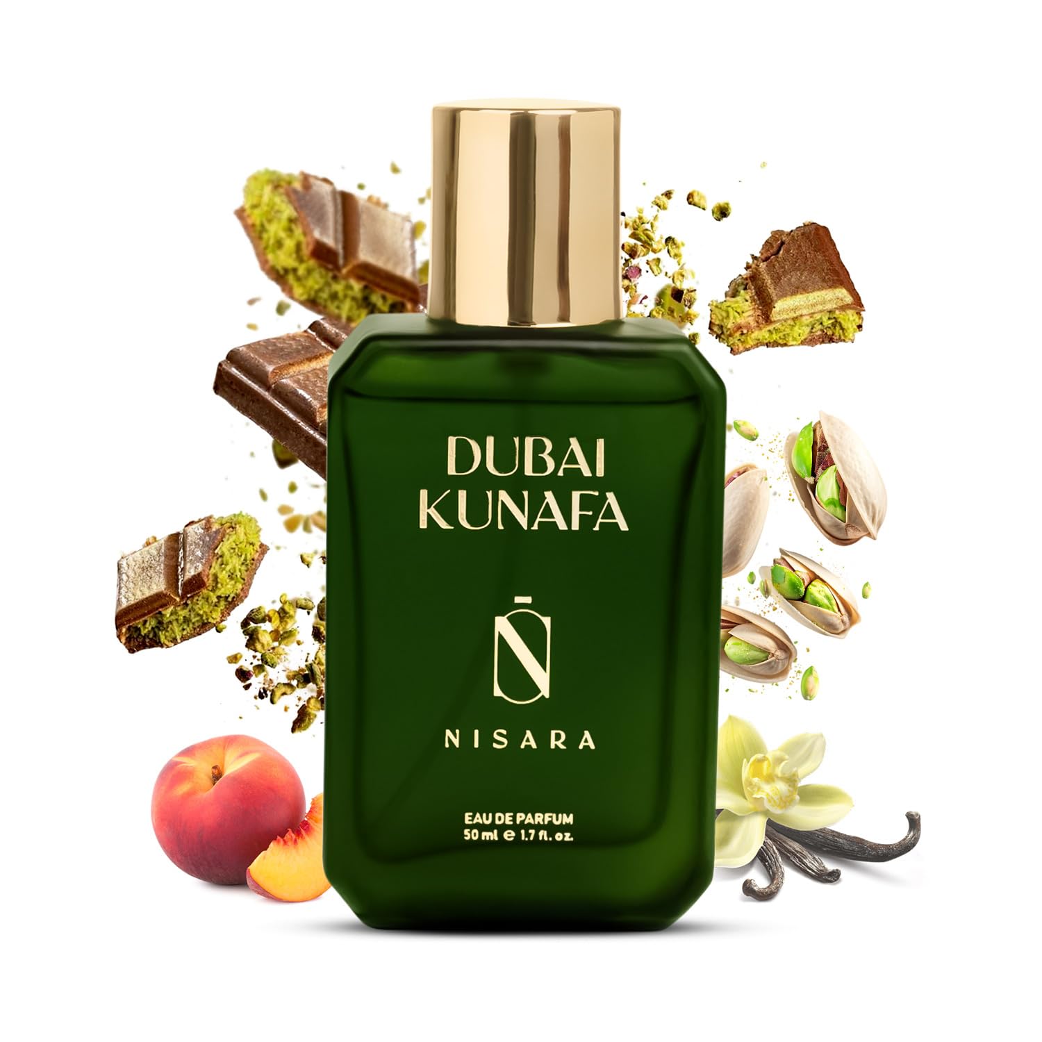 Nisara Dubai Kunafa Eau De Parfum Gourmand Oriental Sweet Luxury Perfume with Pistachio, Peach, Jasmine, Vanilla & Chocolate Notes | Long Lasting Unisex Fragrance | Premium Dessert-Inspired Scent for Evening & Special Occasions (EDP)