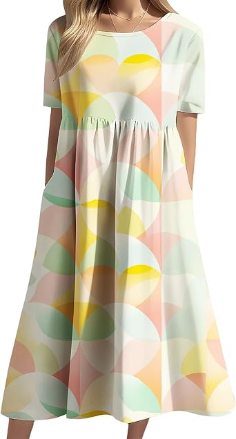 Geometric Print Spring Dress for Women Boho Floral High Waist Short Sleeve Maxi Dresses with Pockets