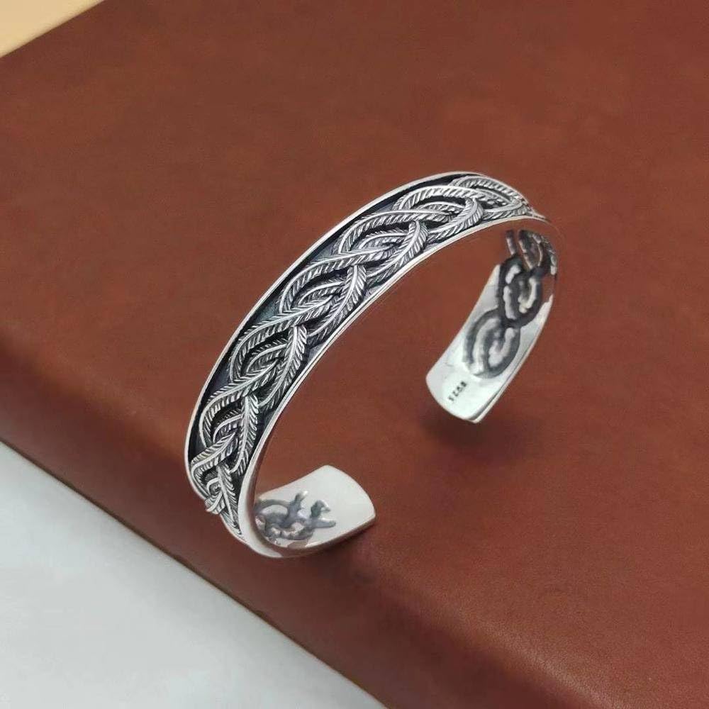 Armreif S925 Sterling Silber Männer und Frauen Paare Personalisierte Retro Flow Feder Offenes Armband Mode Menschen mit gewundenem Muster