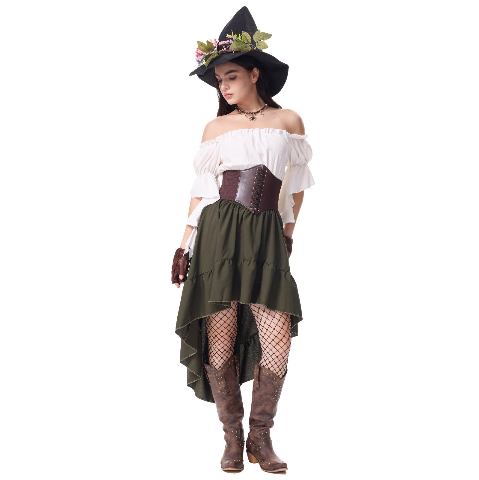 Ansenesna Halloween Kostüm Damen Set Piratenkostüm Damen Komplett Set | Hexenkostüm Mittelalter Kleidung Mieder Bluse Kurzarm Schulterfrei Rock Kurz Gothic Kleidung Vintage Elegant Faschingskostüme