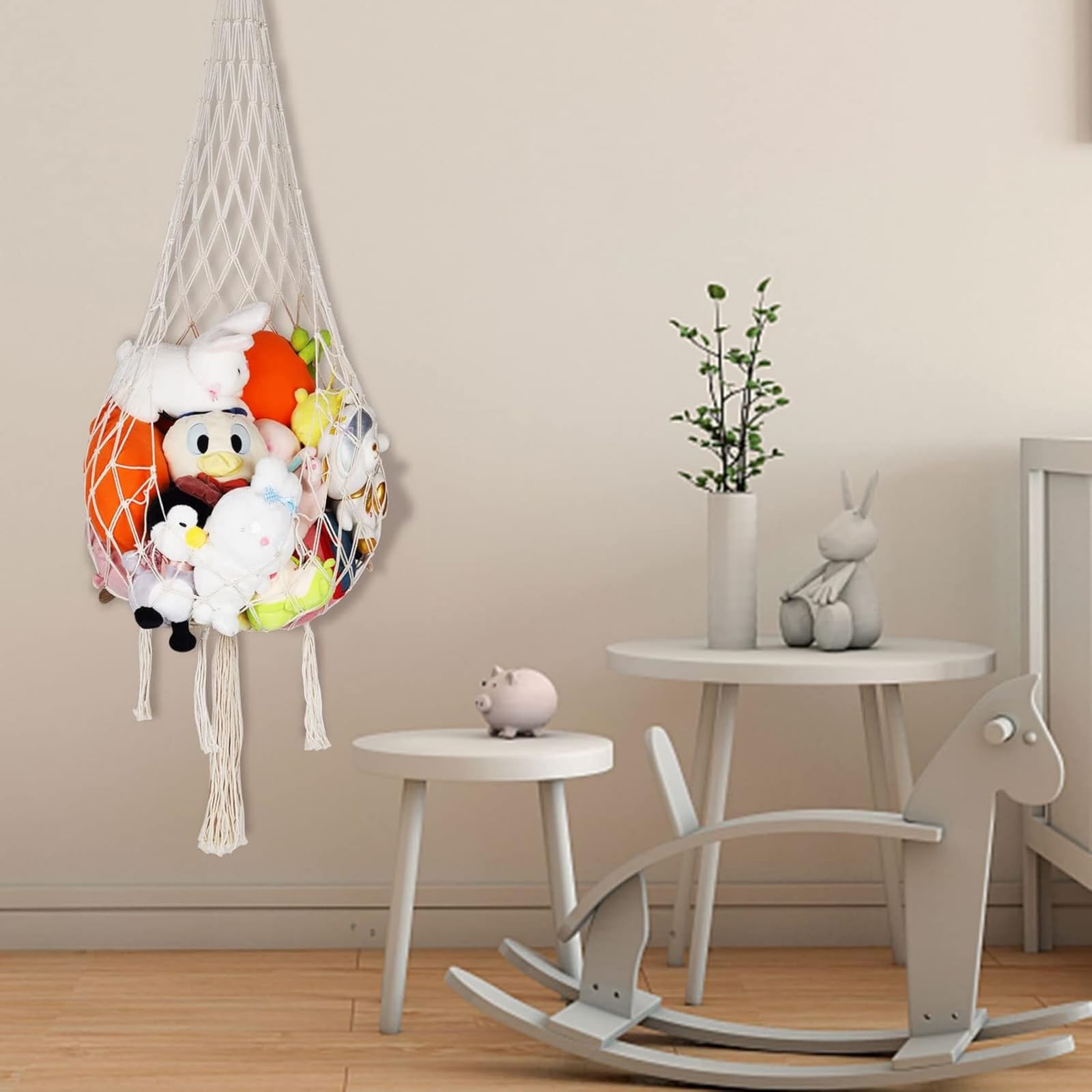 Filet de Rangement pour Animaux en Peluche, Hamac Peluche sac Rangement Jouet, Chambre à Coucher Jouets D'angle, pour Coins de Chambre, Murs et Plafonds, Livré avec 1 Crochet, Blanc