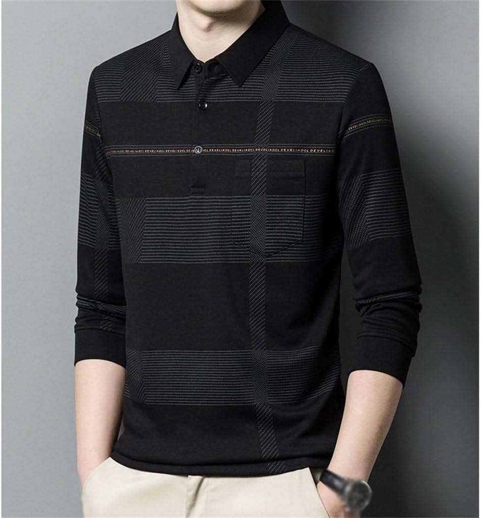 [GSDFVIYT] 中年ストライプラペルお父さん Tシャツトップ男性春と秋の男性長袖ポロシャツ(XL)