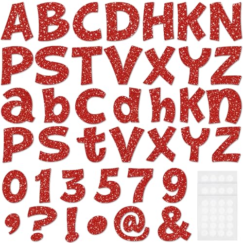 Colarr 216 Pcs Red Glitter Bulletin Board Letters for Classroom Number Alphabet Punctuation Symbol Cutout 4'' Die-Cut Poster Letter with Adhesive Dot School Graduation Party Wedding Patriotic Decor