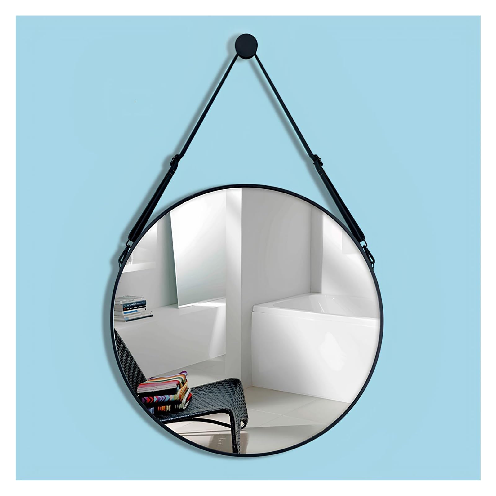 BKSXSOP Round Wall Mounted Bathroom Mirror - Decorative Makeup & Dressing with Hanging Chain for Home, Bathroom, Bedroom, Entryway Stylish Black 70cm (27.5in)