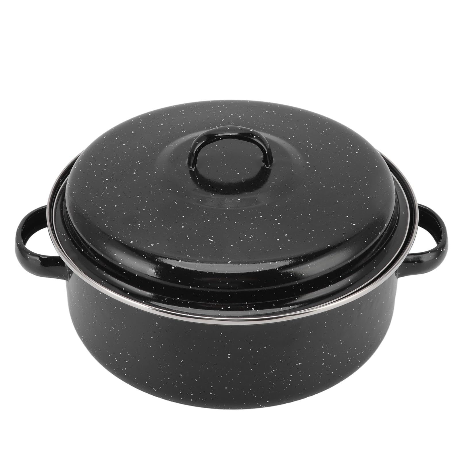 Sartén para asar con acabado moteado negro antiadherente para barbacoa, sartén con tapa para patatas dulces asadas, castañas, material esmaltado (26 cm, cubierta de hierro)
