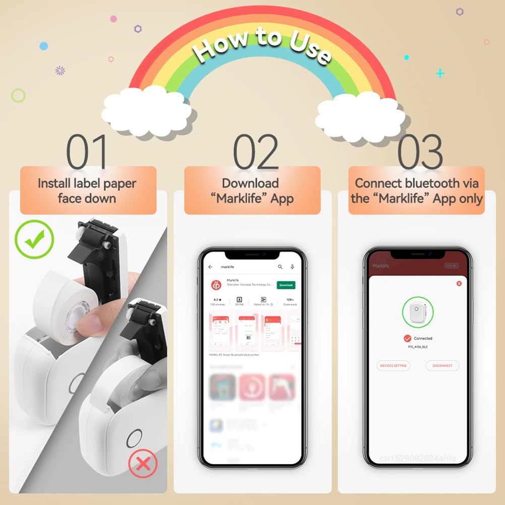 Przenośna etykieciarka, bezprzewodowa drukarka etykiet Bluetooth, drukarka etykiet, przenośna maszyna DIY samoprzylepna taśma etykietowa ciągła, do domu, biura i małej firmy, biała