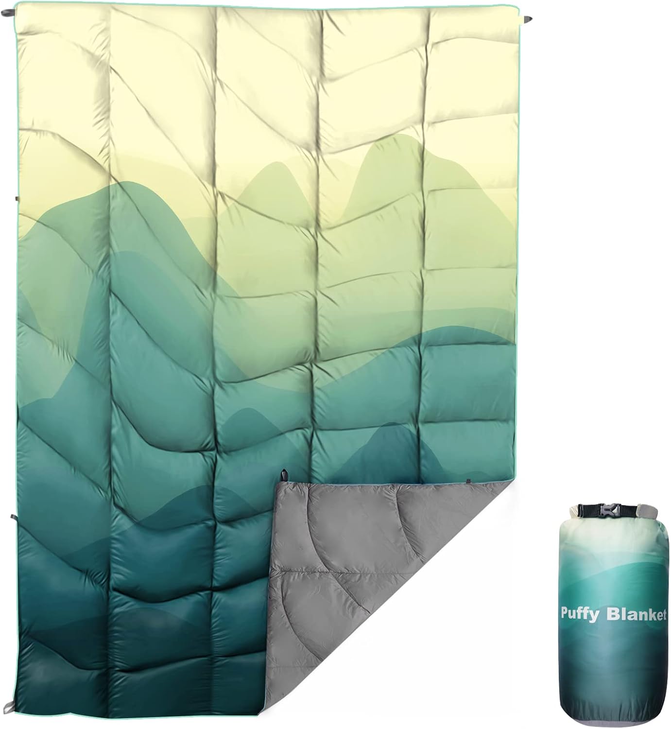 Outdoor Puffy Camping Blanket, Lightweight Down Alternative Puffy Printed Camping Large Ultra Warm Hammock Top Quilt Waterproof Blanket for Traveling Picnic Beach Party Cold Weather (Green Mountain) : Sports & Outdoors