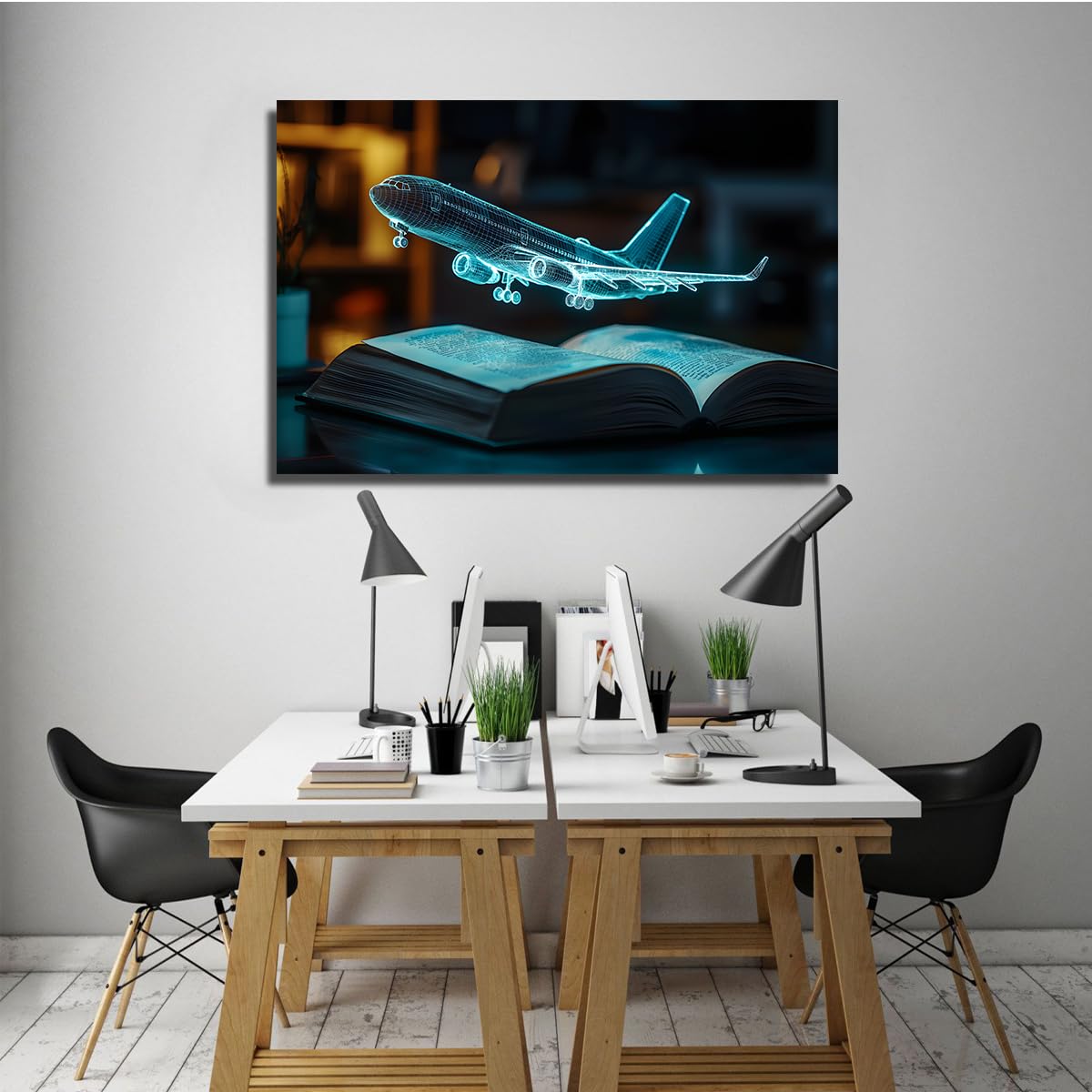 OSHIONARTE Pianello a tema fantasy per ragazzi tela a parete fantascienza aereo olografico sopra un libro poster incorniciato per la sala studio della biblioteca aula 45x68cm innerframe