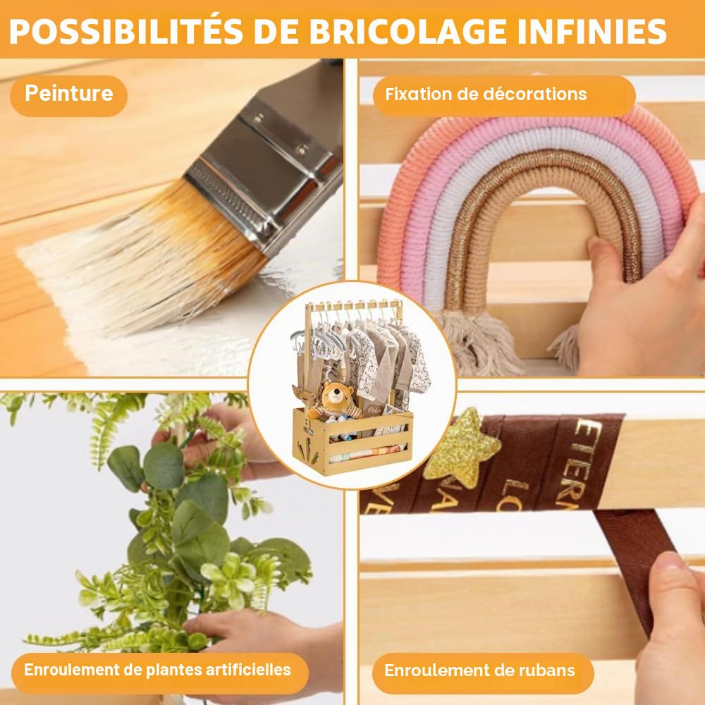Panier Cadeau en Bois pour Bébé, Caisse de Rangement avec 5 Cintres, Poignée, Boîte en Bois pour Fête Prénatale