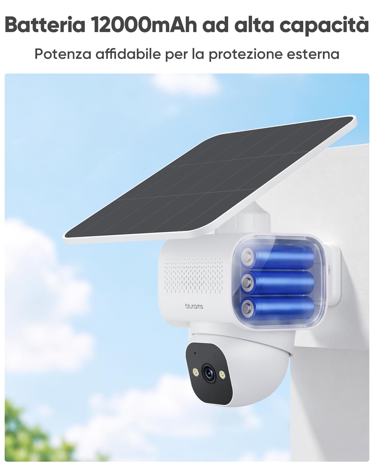 blurams 4K Telecamera WiFi Esterno Senza Fili Solare h24 | 8MP, Batteria 12000mAh con pannello 5W, Registrazione 24/7, Wi-Fi 6 Dual-band 2,4 GHz & 5 GHz, 360 gradi, IP66 Impermeabile