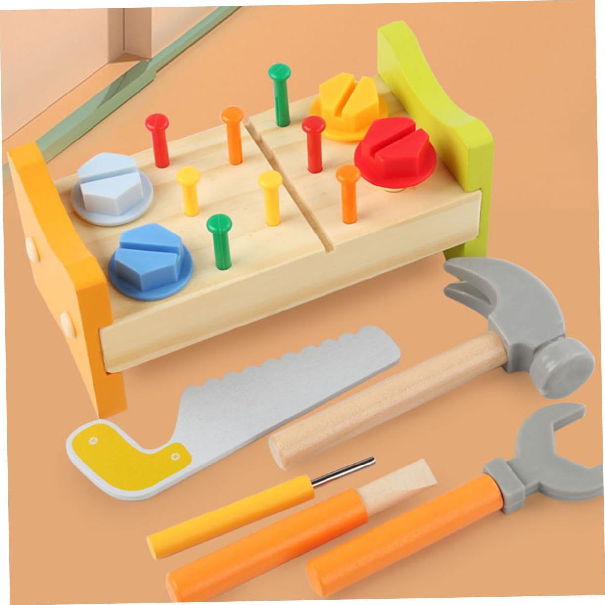 Banco de Trabajo con Piezas de Madera, Juguete Didáctico para Bebés y Niños, Fomenta Creatividad y Razonamiento