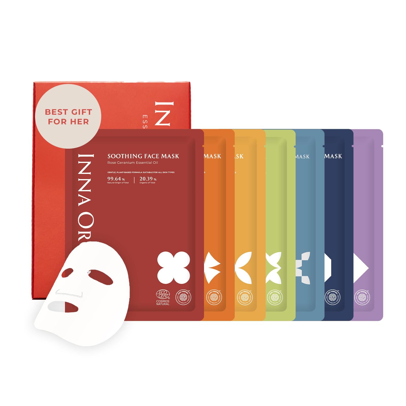 INNA ORGANIC Full Chakra Sheet Mask Giftbox Anti-Aging Hydrating Calming EWG COSMOS Certified Pack of 7 Gift for