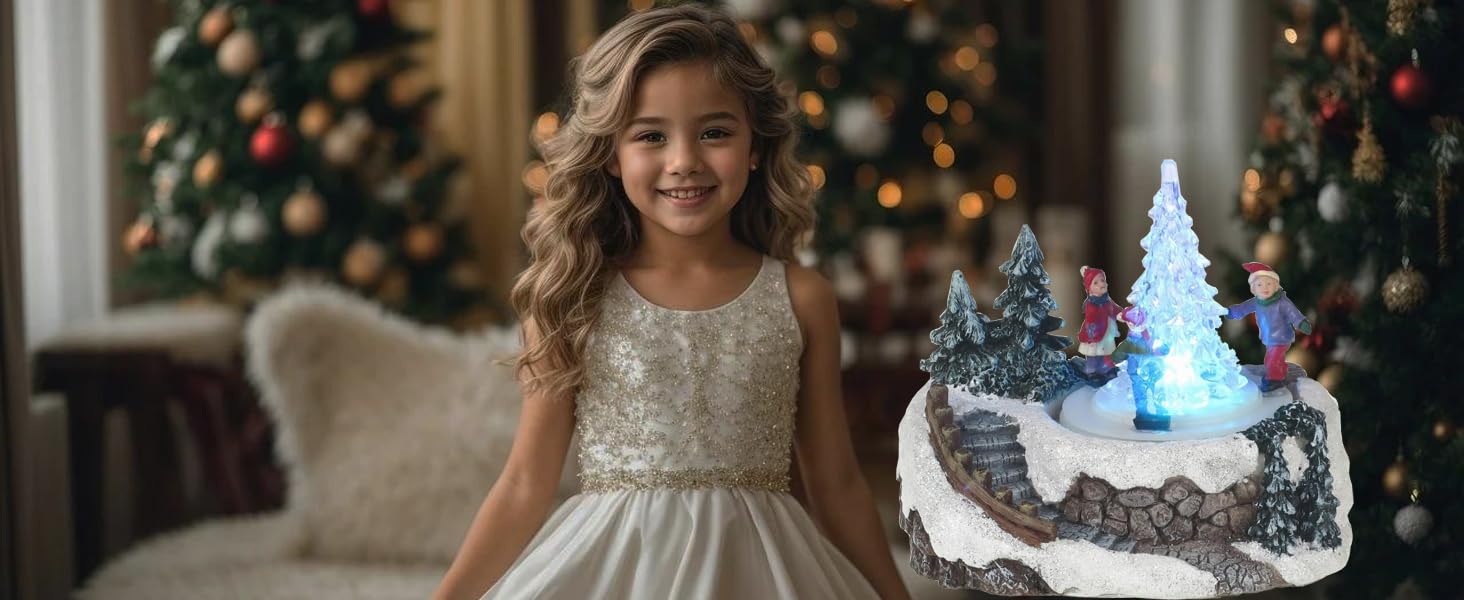 Lightahead Musical Christmas Scene with Children Moving Around LED Color Changing Christmas Tree which Plays 8 Melodies
