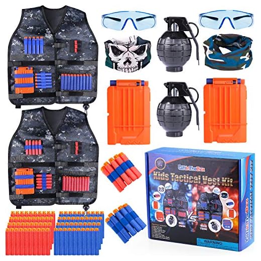 Giftinthebox 2 Pack Adjustable Kids Tactical Jacket Vest Kit for Nerf Guns N-Strike with 80 Bullets Refill Darts 2 Toy Grenade, 2 Reload Clip, 2 Face Mask, 2 Protective Glasses, 2 Wrist Band for Boys