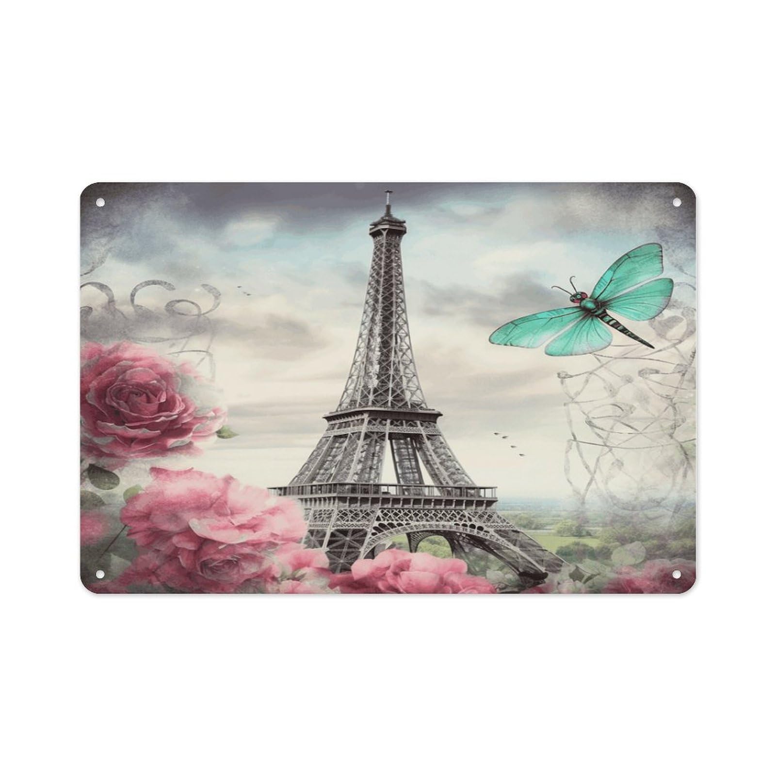 Dragonfly French Tower Rectangle Aluminum Sign Vintage Horizontal Aluminum Plate Multi-Purpose Decoration Painting Farmhouse Style Metal Sign for Home Door Office Cafe