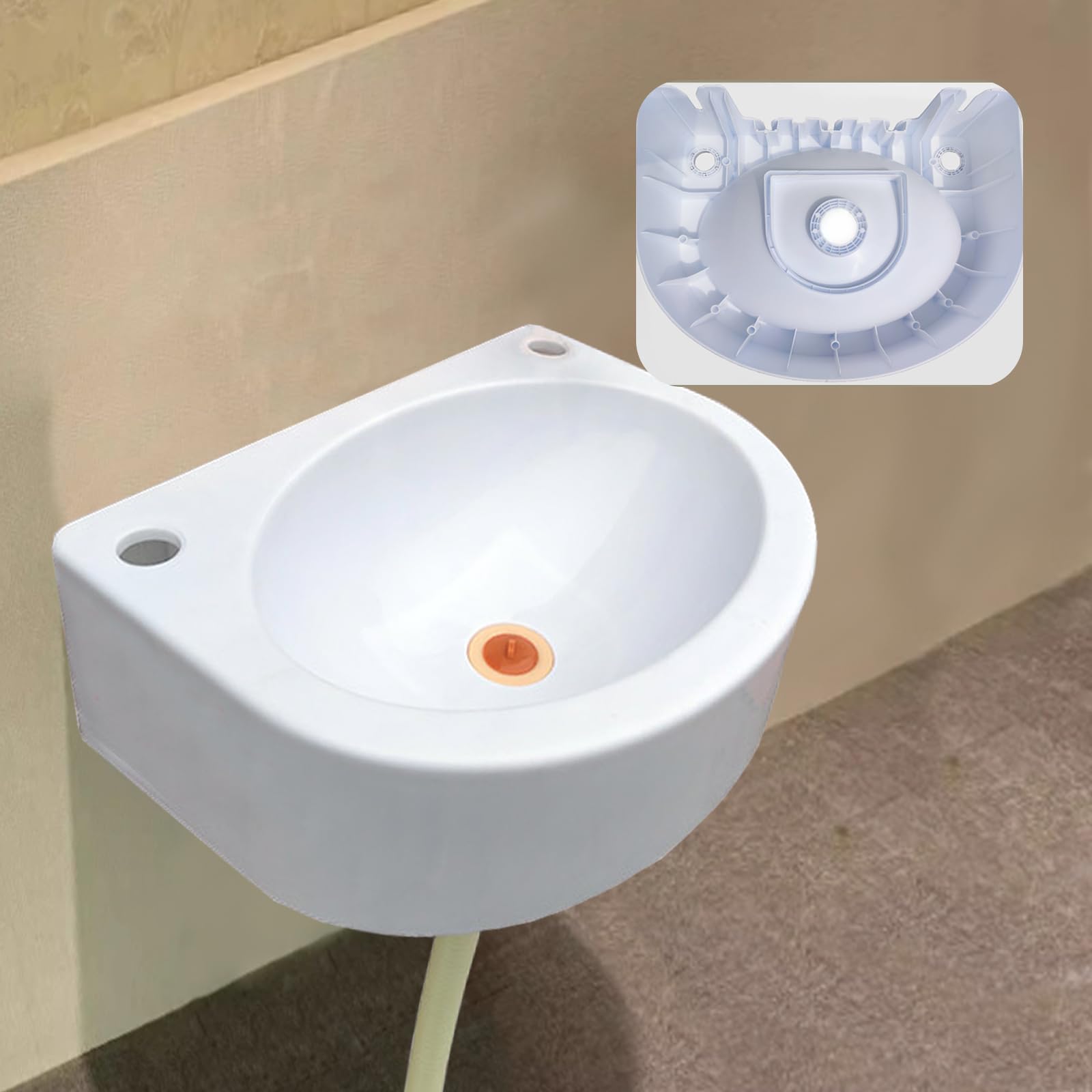 Lavello semicircolare, lavello di plastica con tubo di drenaggio, piccolo applicazione del lavello del bagno, uso interno ed esterno[Tubo di drenaggio della testa d'acciaio 75cm]