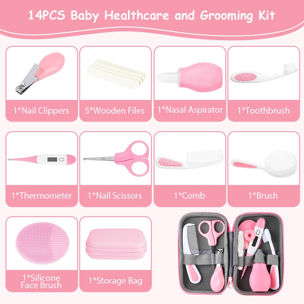 Flintronic 14 Pcs Trousse de Soin Bébé, Trousse de Toilette Bébé Compacte, avec Brosse à Cheveux, Pince à Ongles ect pour Nouveau-Nés Filles Garçons