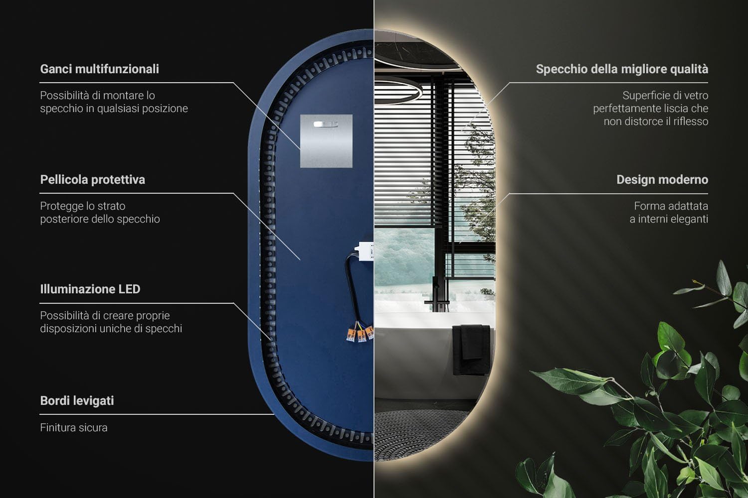 Specchio LED Ovale 46×80 cm da Parete Senza Cornice | Illuminazione Luce Calda 3000K | Specchio Moderno Minimal per Bagno, Camera, Ingresso e Zona Living