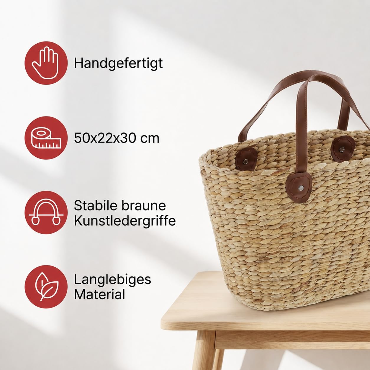 FRANK FLECHTWAREN Shopper, Einkaufstasche Naturoptik, 50 x 22 x 30 cm, GH 48 cm