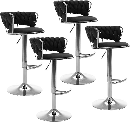 Miniatura 14 de Juego de 2 taburetes de bar giratorios de terciopelo, modernos taburetes de bar ajustables con respaldo tejido, taburete de bar de altura de Negro