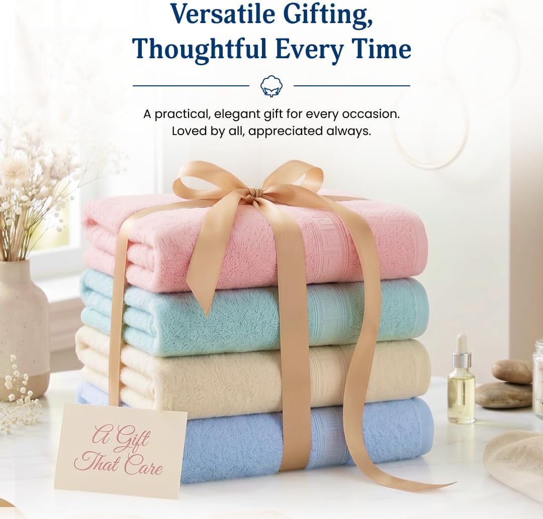 Condition photo showing New/Like New for 100% cotton bath towels,4 pack,30" x 60" inches, light weight, soft, super absorbent and fast drying, no fading multipurpose use for sports, swimming, travel, fitness, yoga, multicolor.
