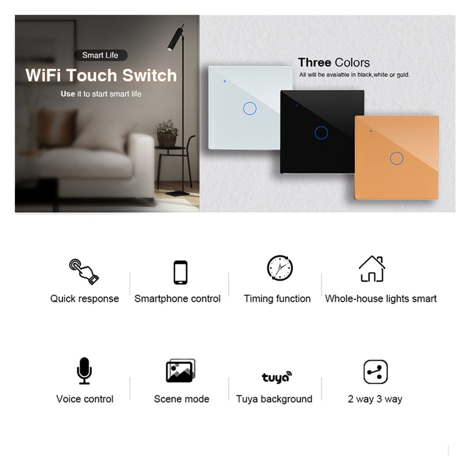 WiFi Smart Touch Switch Control Remoto 1/2/3/4 Gang 2 Way AC 100V / 220V Interruptor de luz de Pared inalámbrico EU/UK Standard Smart Home (Color : White, Size : 3-Gang)