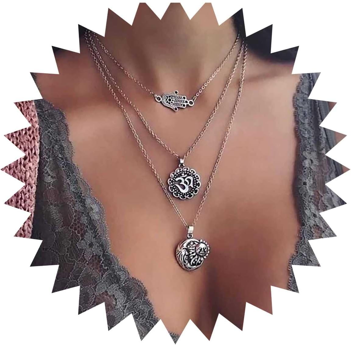 Andelaisi Boho Layered Hamsa Choker Necklace Vintage Sanskrit Symbol Pendant Necklace Silver Sunflower Chain Necklace Multilayer Yoga Om Necklace Chain Jewelry for Women
