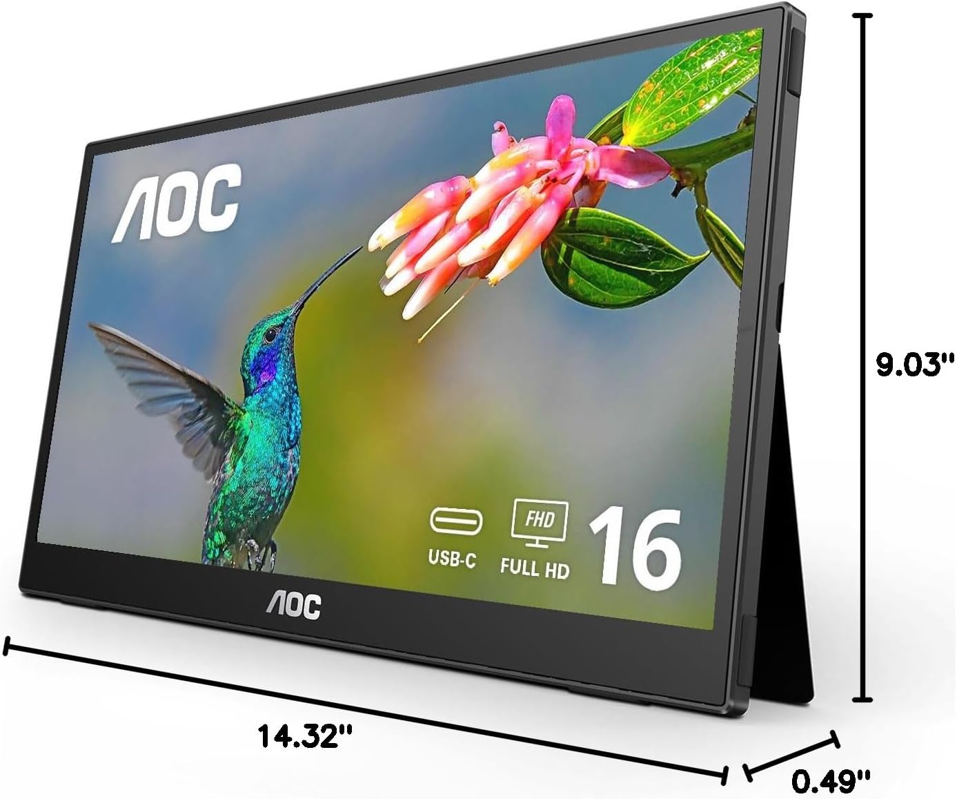 AOC 16T3EA monitor with dimensions labeled