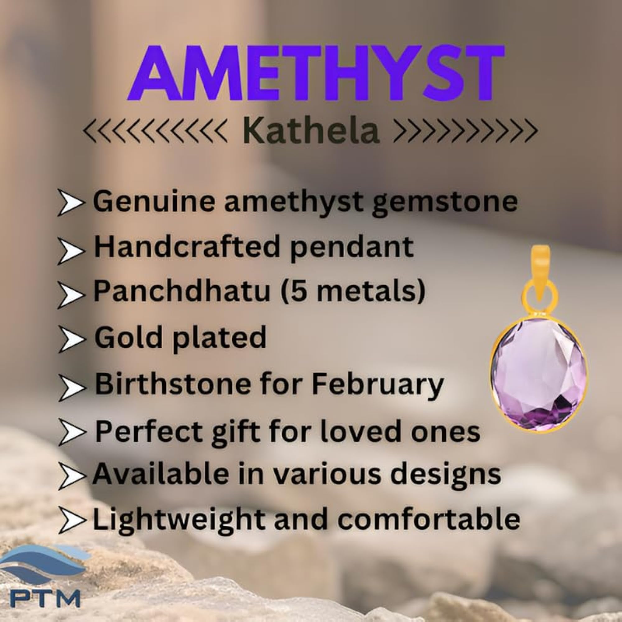 Natural Amethyst 8.25 Ratti Gold Plated Pendant, Astrological Gift