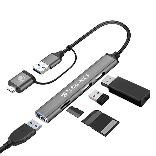 ZEBRONICS TA200UC PRO, Type C Multiport Hub, Aluminum Body, Sleek Design, USB/Type C - USB 3.0 | mSD | SD | 3 x USB