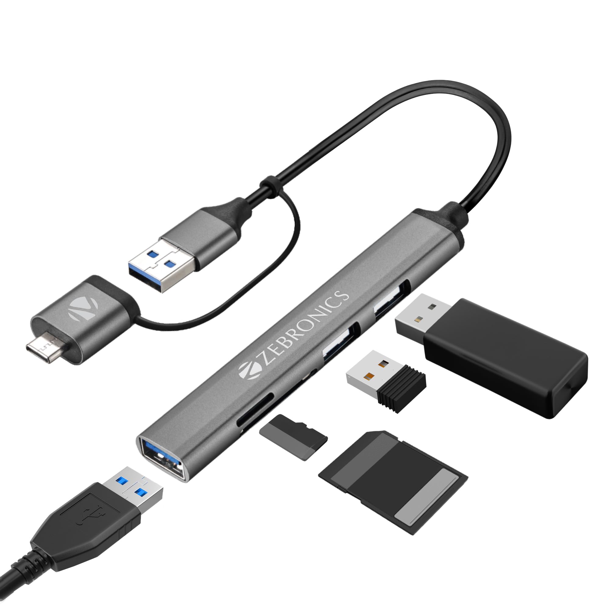 ZEBRONICS TA200UC PRO, Type C Multiport Hub, Aluminum Body, Sleek Design, USB/Type C - USB 3.0 | mSD | SD | 3 x USB