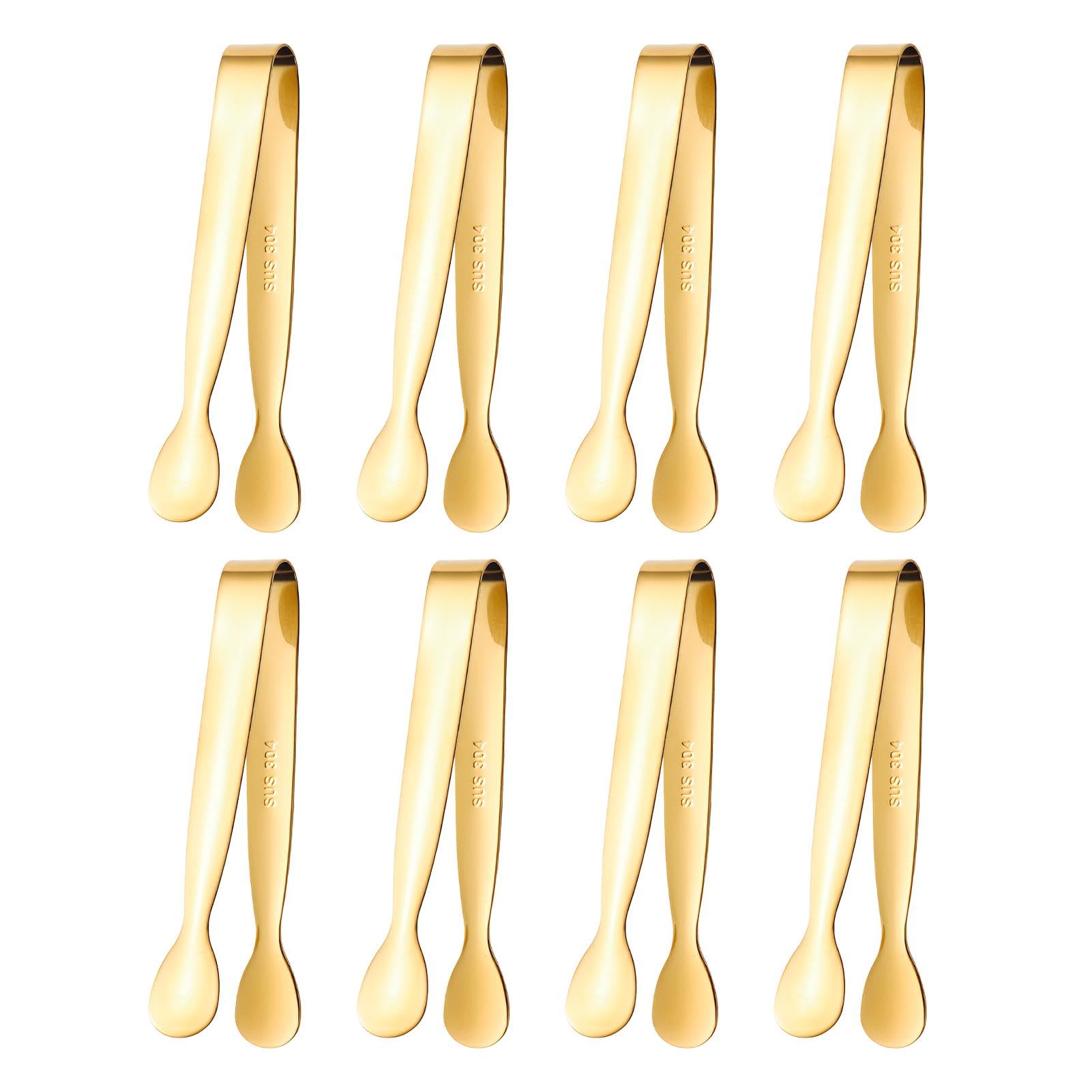 HONRIGO 8pcs Stainless Steel Mini Tongs, 4.3 Inch Small Serving Tongs for Kitchen Parties Appetizers Ice Sugar Cubes Buffet Tea Party (Gold)