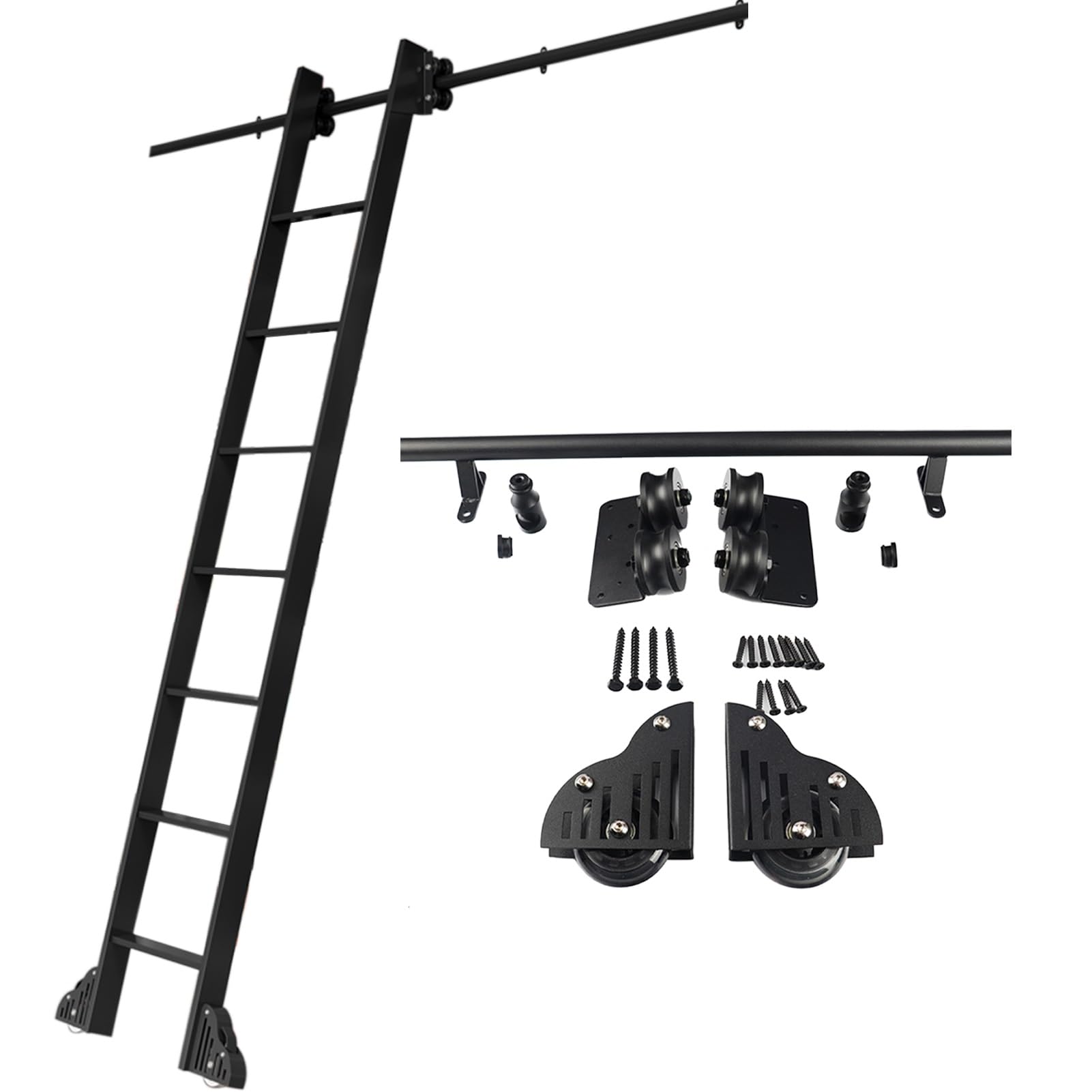 Kit de herrajes para escalera deslizante de biblioteca con rieles negros de acero redondo