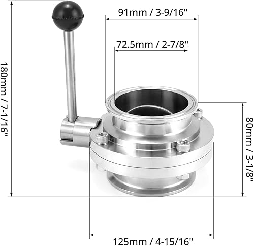 Miniatura 6 de QWORK Válvula de mariposa sanitaria de acero inoxidable con mango de tracción - para tubo de 3 pulgadas OD, 1 paquete