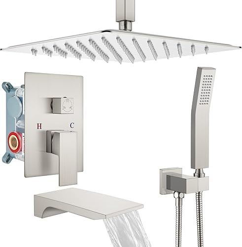 gotonovo Juego de grifo de ducha mezclador de lluvia con boquilla de cascada, sistema de ducha de lluvia, montaje en techo, cabezal de ducha con