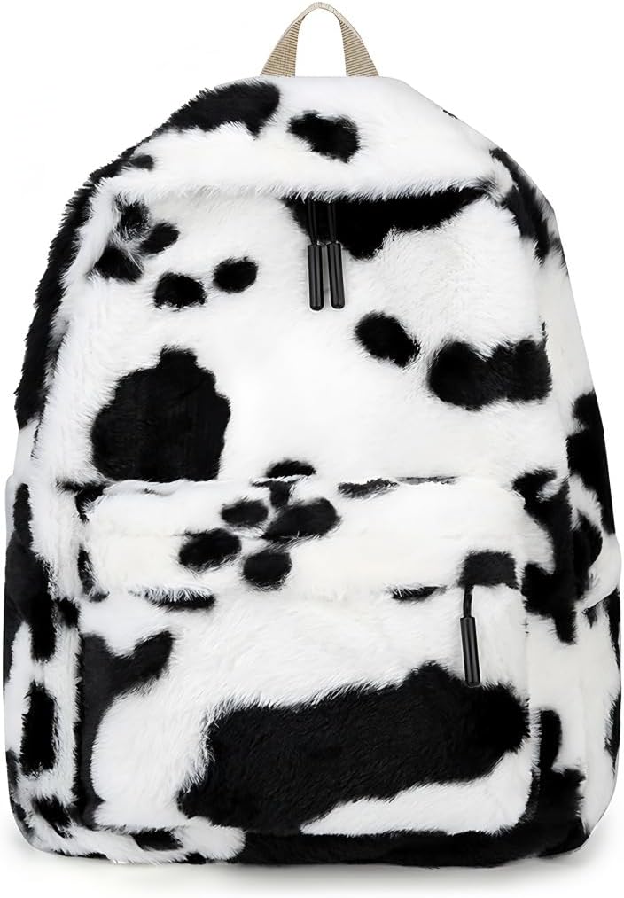 Plush Cow Print Backpack, Black and White Faux Fur, Unisex, soft and fluffy materials with animal and white cow printsLarge (Big cow model)