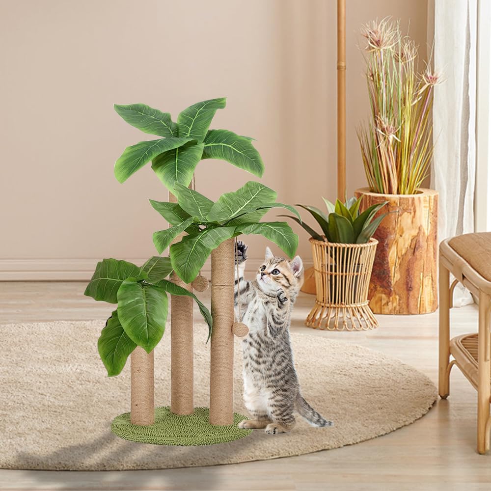 Poste rascador para gatos de 80 cm, árbol rascador mediano con 3 postes rascadores para gatos grandes con 2 bolas colgantes para burlas, cuerda de sisal natural (80 cm)
