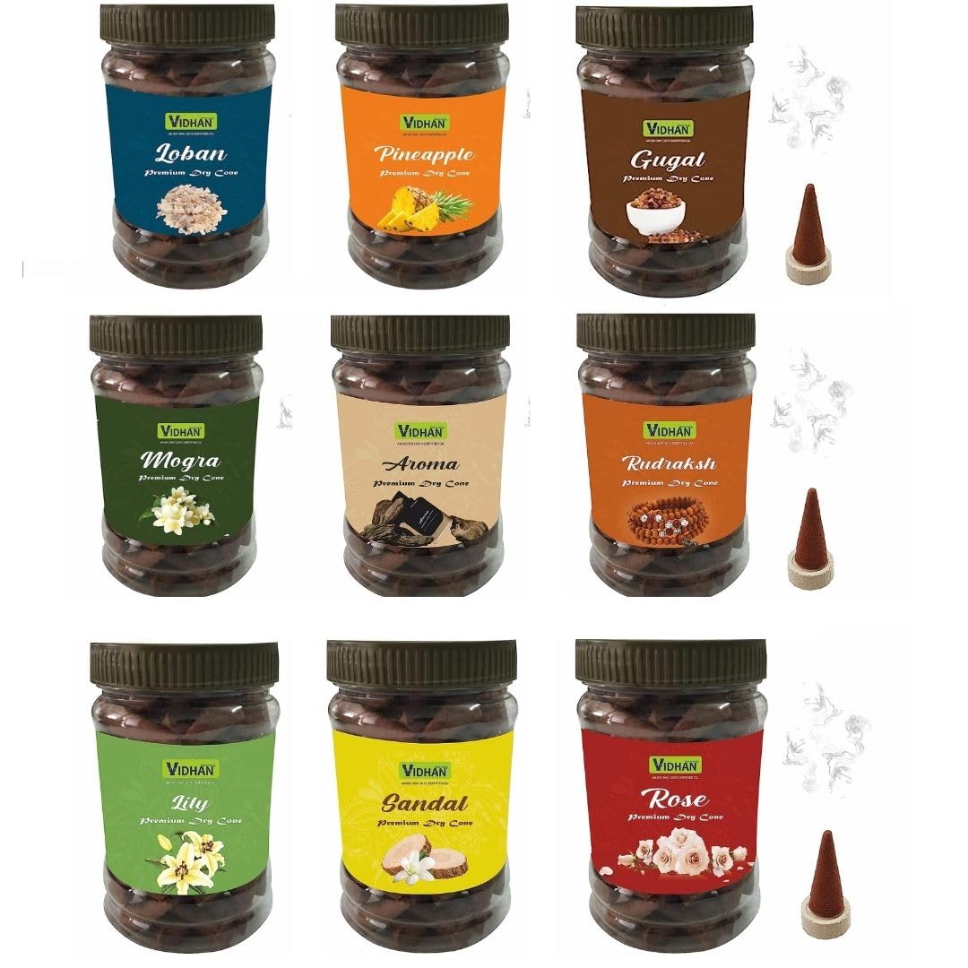 Dhoop Cones Vidhan Premium Jar 9x100Gm | No Bamboo | No Charcoal | Dhoop Cone | Dhup | Pooja Dhoop Cones (9 Flavours) Pack of 9 Jar