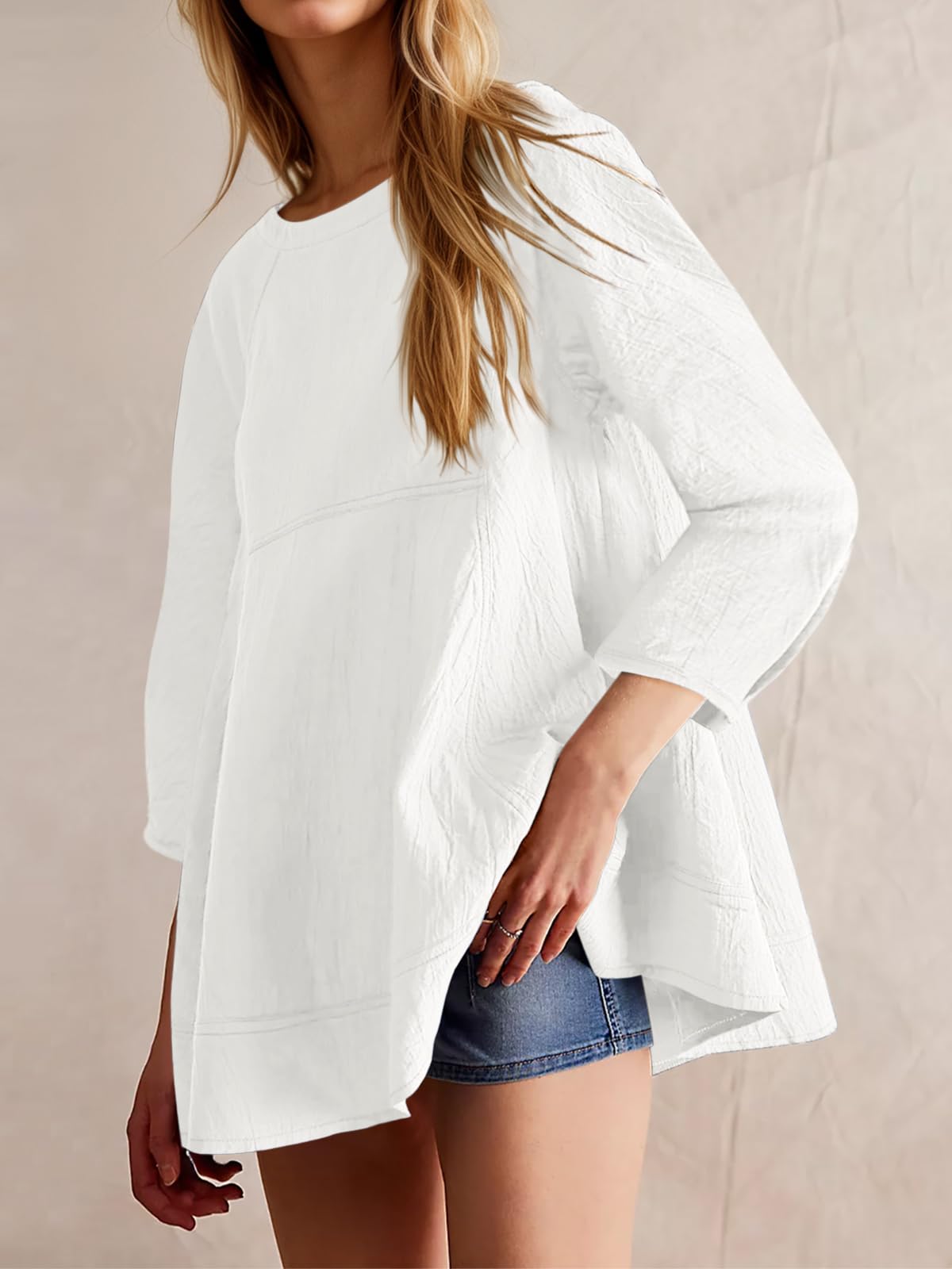 Tankaneo Blusa tipo túnica de manga 3/4 para mujer, estilo informal, para verano, estilo peplum, holgada, de gran tamaño, tipo babydoll