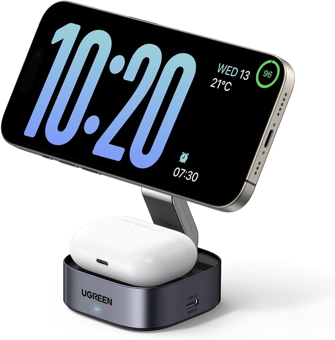 UGREEN MagFlow for MagSafe Charger Qi certified, 2-in-1 Wireless Charger Stand, Magnetic Charging Station, Compatible with iPhone Air/17/16/15/15 Plus/15 Pro/15 Pro Max/14/13/12, AirPods 4/3/2/Pro 3/2