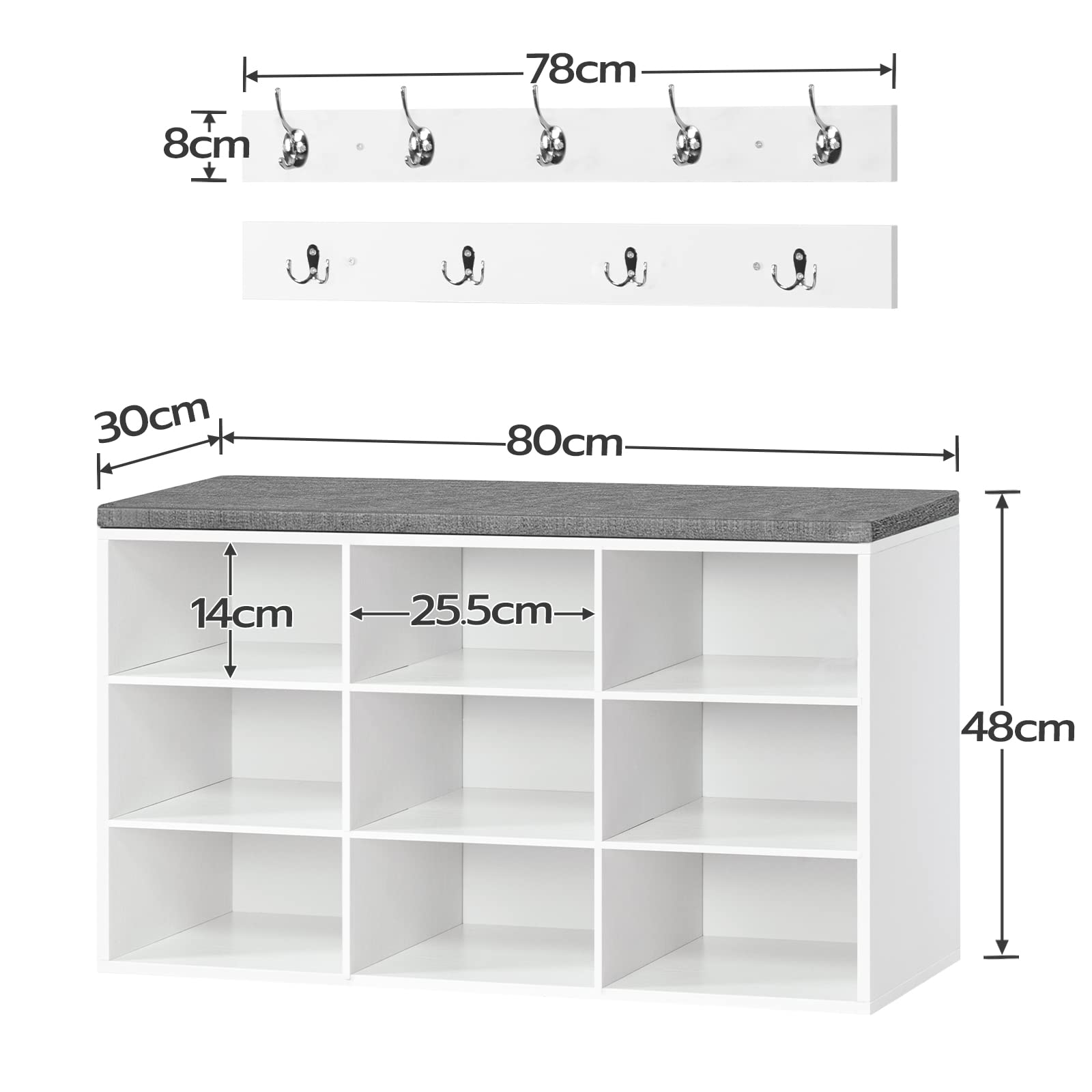 HOOBRO Garderobe Schuhregal Set, Schuhbank mit 9 F Cher, Schuhregal mit gepolsterter Sitzbank, Wandgarderobe mit 9 Haken, Schuhschrank f r Flur, Eingangsbereich, Schlafzimmer wei EWT89HX01