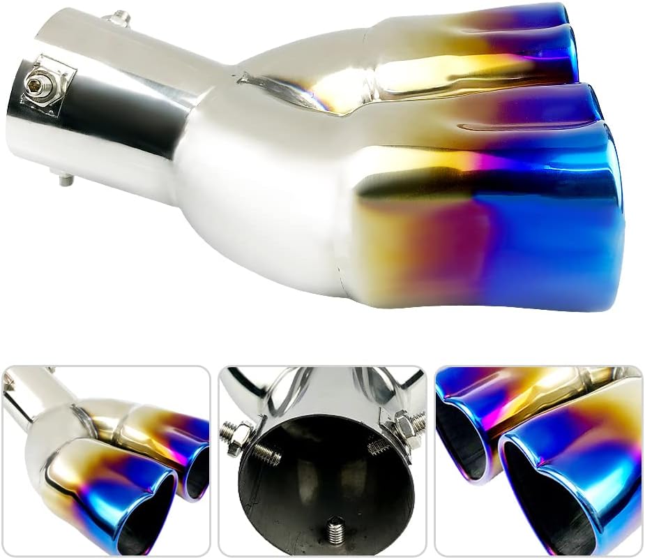 2.5 inch Inlet Dual Exhaust Tips Muffler Tip,Chrome Heart-Shaped Exhaust Tip,Universal Bolt-On Double Tube Exhaust Muffler (Blue,Curved)