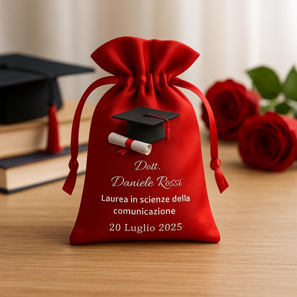 Sacchetti Laurea Personalizzati, in Raso, 12 Pezzi, Rosso, con Stampa Tocco e Pergamena, Bomboniere per Festa di Laurea
