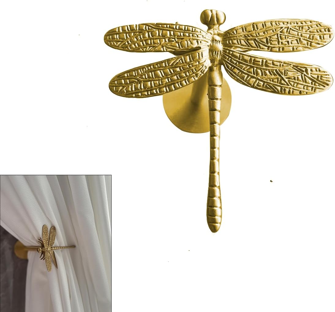Brass Wall Curtain Tiebacks, Dragonfly Vintage Curtain Holdbacks Wall Mounted,Gold Curtain Tie Back Hook Holder for Drapes