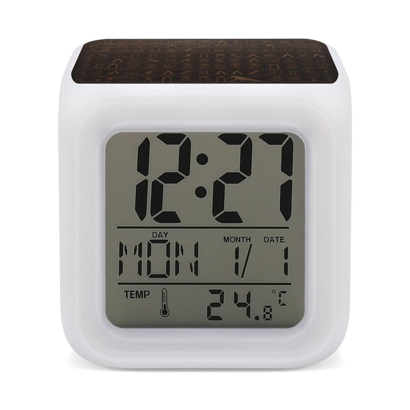DWVTSLH Ancient Egyptian Hieroglyph Alarm Clock with 7 Color Changing Night Light, Wake Up Digital Clock for Bedroom, Bedside Cube Clock with Date, Temperature, Battery Operated Desk Clock Gift
