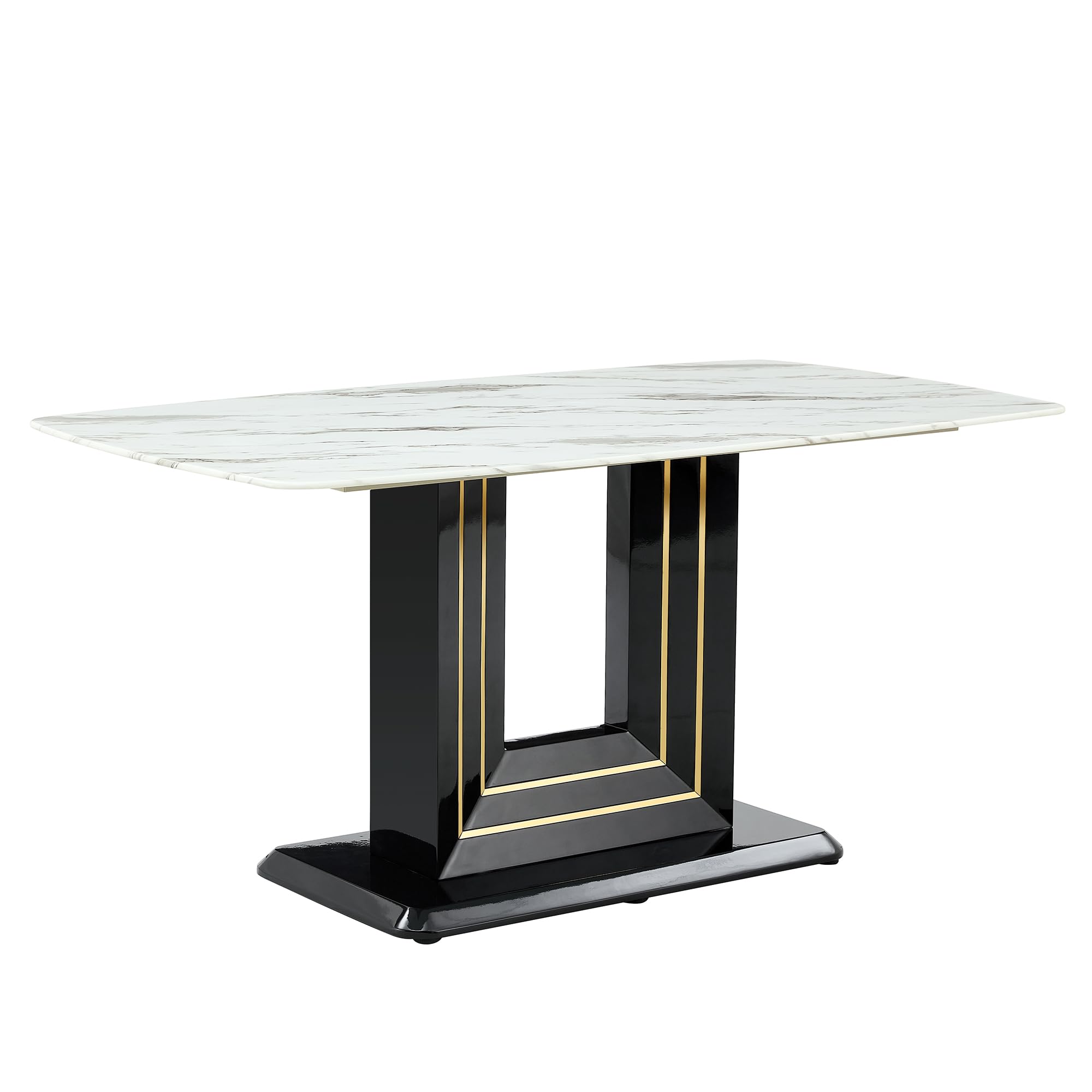Faux Marble Dining Table, Modern 63" Glass Dining Room Table, White Imitation Marble Pattern Desktop Dinning Table&Gold Lines Black Pedestal Base for Dining Room Kitchen Living Room