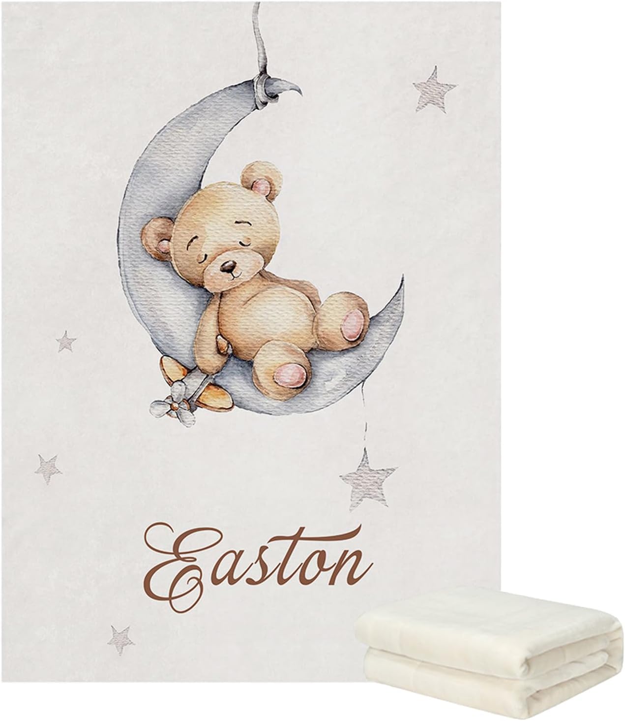 Minky Custom Sleeping Bear Sleep on Moon Baby Name Blanket, Baby Girl Gift Personalized, Customized Cute Flower Elephant Name Blanket Newborn Crib Blanket 30" x 40"